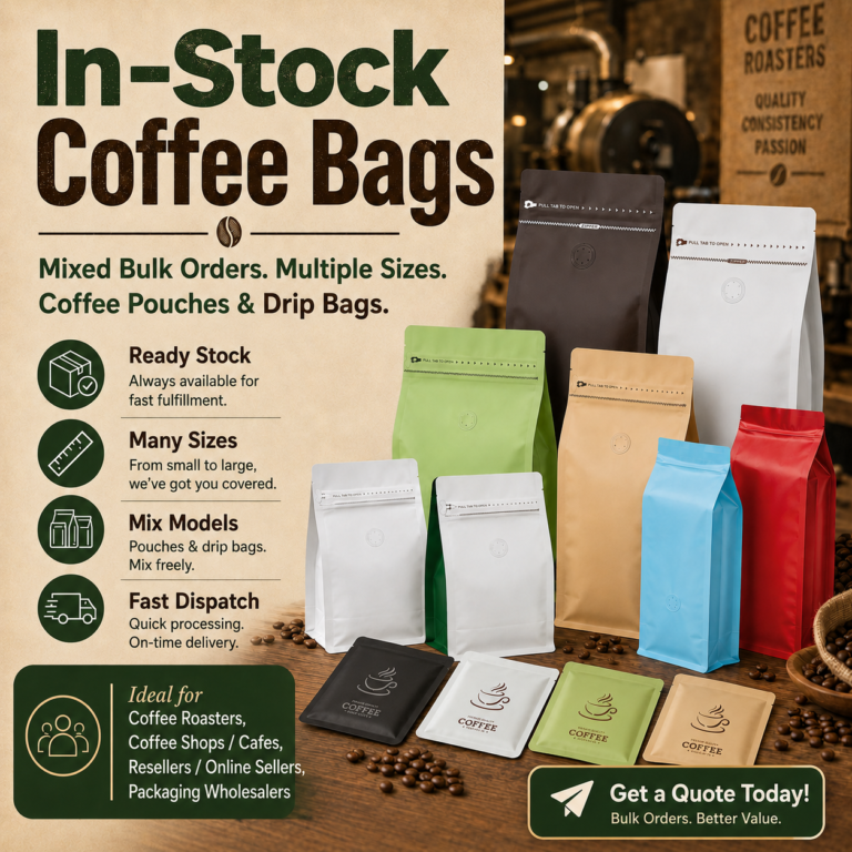 Coffee bag packaging with barrier materials for aroma and shelf life protection